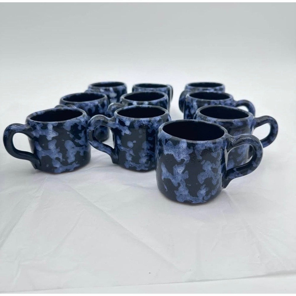 VTG Bybee Pottery Blue Spongeware Espresso Mugs Set of 10 Demitasse Coffee Cups